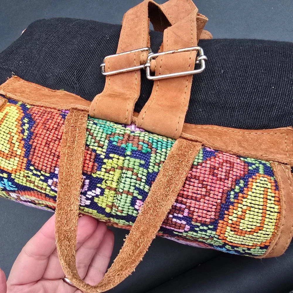 Guatemalan Huipil Hand Woven Bird Tapestry Floral Boho Bag Backpack Leather